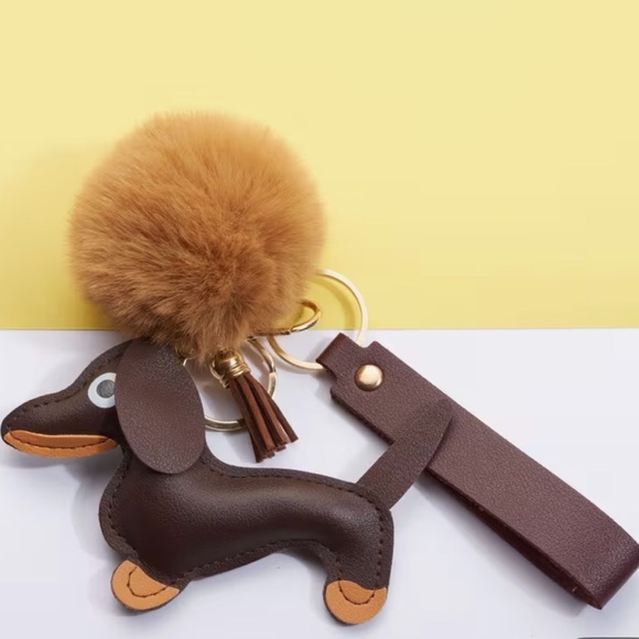 Brown Leather Dog Bag Charm or Keychain with Pom Pom NWT - Picture 3 of 3